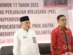 Sosialisasi Permendagri Nomor 17 Tahun 2023 dan Penandatanganan PKS Pemanfaatan Data Kependudukan Resmi Dibuka Sekda Sultra